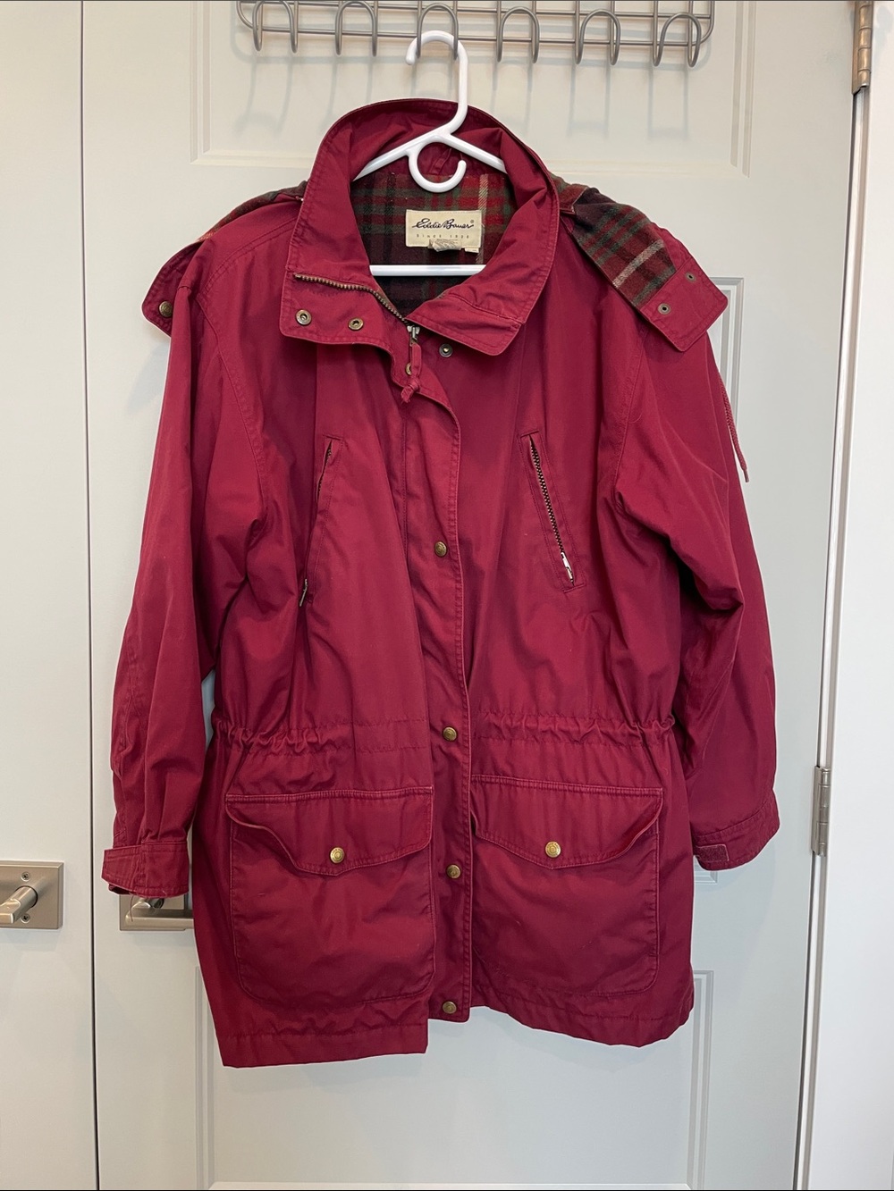 Eddie Bauer Burgundy Women's Hooded Trench Coat Flannel Lined Double Zipper
